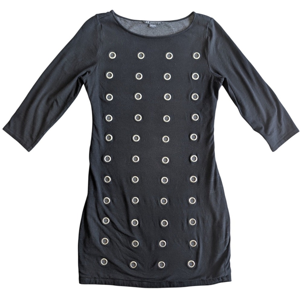 Armani‎ Exchange Large Black Stretch Midi Length Metal Detail 3/4 Sleeve Dress